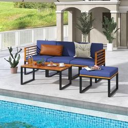 Acacia Wood 5 Piece Patio Set, Wood Chair, Ottoman & Coffee Table For Backyard & Deck Acacia Wood 5 Piece Patio Set, Wood Chair, Ottoman & Coffee Table For Backyard & Deck