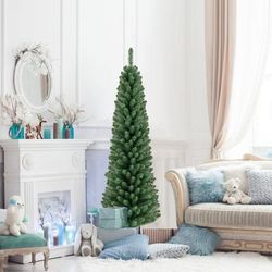 Pencil Christmas Tree With Memory Wire Branch Tips, Slim Artificial Tree With Metal Stand For Small Small Spaces & Easy Pencil Christmas Tree With Memory Wire Branch Tips, Slim Artificial Tree With Metal Stand For Small Small Spaces & Easy