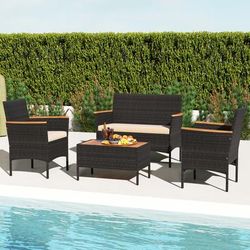4 Piece Patio Wicker Sofa Set With 2 Rattan Chairs, Loveseat & Coffee Table Outdoor Acacia Wood Furniture 4 Piece Patio Wicker Sofa Set With 2 Rattan Chairs, Loveseat & Coffee Table Outdoor Acacia Wood Furniture