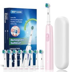 Rechargeable Electric Tooth Brush For Adults, Rotary Cleaning With 8 Brush Heads, 5 Modes, Long Lasting Battery Power pink 8 Heads Box