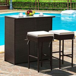 3 Piece Outdoor Rattan Wicker Bar Set With 2 Cushioned Stools, Patio Bistro Dining Furniture 3 Piece Outdoor Rattan Wicker Bar Set With 2 Cushioned Stools, Patio Bistro Dining Furniture