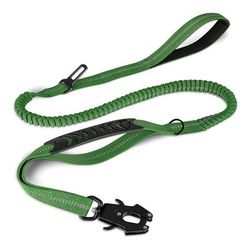 Tactical No Pull Dog Leash Reflective, Shock Absorbing & Heavy Duty Pet Leash With Car Seatbelt Safety green