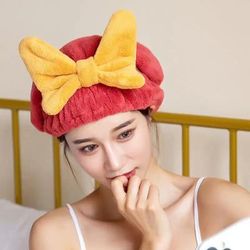 Super Absorbent Bowknot Dry Hair Hat Quick Drying Shower Cap For Women With Striped Pattern red