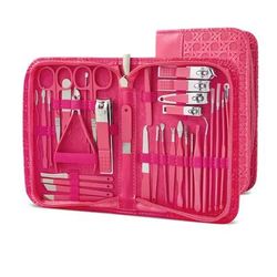 Professional Stainless Steel Manicure And Pedicure Set Grooming Kit With Scissors And Nail Tools 32pcs Rose Red