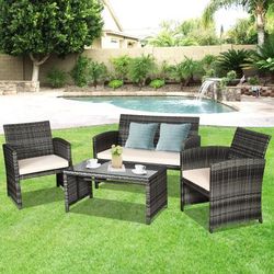 4 Pieces Patio Rattan Furniture Set With Glass Table And Loveseat, Outdoor Wicker Sofa Chair Set For Backyard, Porch 4 Pieces Patio Rattan Furniture Set With Glass Table And Loveseat, Outdoor Wicker Sofa Chair Set For Backyard, Porch