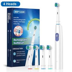 Electric Toothbrush With Rotating Brush Head, Rechargeable Rotary Toothbrush For Adults With Modes & Longer Battery Life white 4 Heads