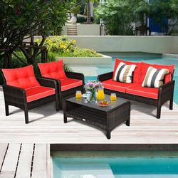 4 Piece Outdoor Rattan Wicker Loveseat Furniture Set With Cushions & Coffee Table, Free Combination Patio Sofa 4 Piece Outdoor Rattan Wicker Loveseat Furniture Set With Cushions & Coffee Table, Free Combination Patio Sofa