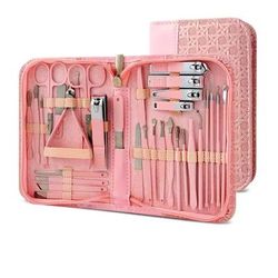 Professional Stainless Steel Manicure And Pedicure Set Grooming Kit With Scissors And Nail Tools 32pcs Pink