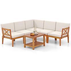 Outdoor Acacia Wood Patio Furniture Set With Cushions & Coffee Table, Modular Sectional Seating For Lawn, Poolside Outdoor Acacia Wood Patio Furniture Set With Cushions & Coffee Table, Modular Sectional Seating For Lawn, Poolside
