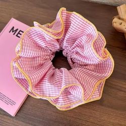 Retro Colorful Ruffle Hair Scrunchies Sweet Headbands & Rubber Bands Set pink Stripe