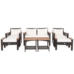 Outdoor Patio Rattan Cushioned Conversation Set With Acacia Coffee Tables, Loveseat, Chairs & Ottomans, For Backyard Outdoor Patio Rattan Cushioned Conversation Set With Acacia Coffee Tables, Loveseat, Chairs & Ottomans, For Backyard