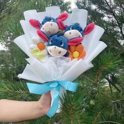 Cartoon Winnie The Pooh Plush Doll With Handmade Flower Bouquet, Wedding, Valentine's Day, Christmas & Graduation Gift donkey