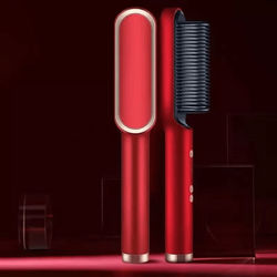 2 in 1 Hair Straightener Brush & Curler Electric Hot Comb With Adjustable Heat Settings For Frizz Free Styling red