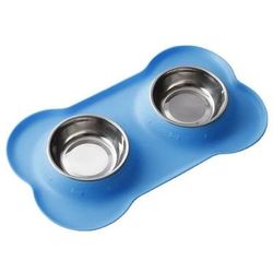 Non Slip Silicone Mat Double Dog Bowl, Durable Stainless Steel Feeding & Drinking Bowls For Pets blue m