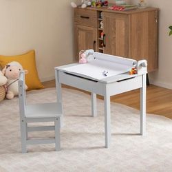 Wooden Kids Table And Chair Set With Storage & Paper Roll Holder, Multi Activity Center For Toddlers Wooden Kids Table And Chair Set With Storage & Paper Roll Holder, Multi Activity Center For Toddlers