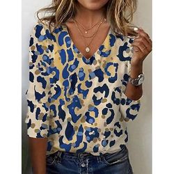 Per donna Tunica Maglietta Stampato Grafico Leopardo Blocco di colori Vintage Elegante Casual Manica Lunga Scollo a V Top Regolari Quotidiano Sportivo Weekend Blu Cachi Autunno
