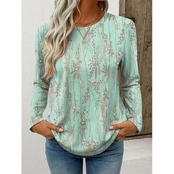Per donna Maglietta Floreale Grafico Piante Vintage Elegante Classico Manica Lunga Girocollo Top Regolari Quotidiano Weekend Stampato Rosa Blu Viola Verde Primavera Autunno