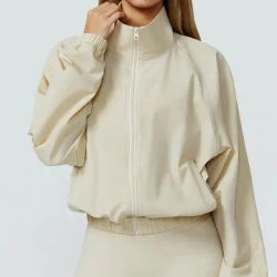 Women Sport Jacket Long Sleeve Shirt Gym Sportswear Quick Drying Stand Up Collar Zipper Top Windproof Outdoor Running Yoga Jacke