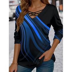 Per donna Maglietta Taglio Stampato Grafico Geometrico Vintage Elegante Casual Manica Lunga Scollo a V Top Regolari Quotidiano Blu Rosso Blu Reale Viola Verde Primavera Autunno