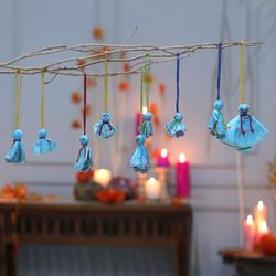 Turquoise Spooky Dolls,'9 Turquoise Embroidered Viscose Doll Halloween Ornaments'