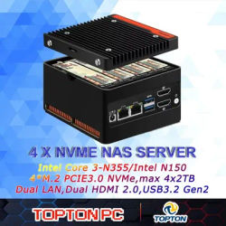 4 Bay Pocket NAS with 4 x NVMe Slot Core 3 N355 Intel N150 Storage Mini PC with 2 x i226V 2.5GbE LAN, Micro Computer NAS Server