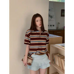 Été Vintage polos femme à manches longues haut court femmes marron rayure polos Streetwear décontracté hauts ample Polo Mujeres