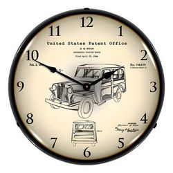 Collectable Sign and Clock 1946 Willys Jeep Station Wagon Patent Blueprint Backlit Wall Clock