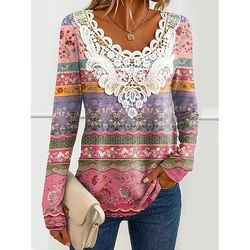 Blusa da donna tunica pizzo splicing scollo a V manica lunga grafica paisley piante scollo rotondo top regolari stampa quotidiana per uscite weekend pizzo patchwork nero primavera autunno prefestivo