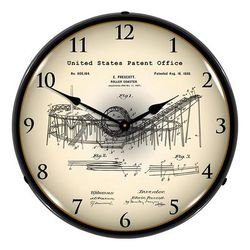 Collectable Sign and Clock 1898 Prescott Roller Coaster Patent Blueprint Backlit Wall Clock