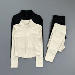 Women's SpringFall Workout Set: Slim Zip Jacket & Long Sleeve Top w/QuickDry - Gym Yoga Run