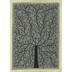 Birds in the Tree of Life,'Black and White Madhubani Painting of the Tree of Life'
