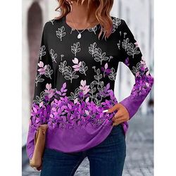 Per donna Maglietta Floreale Grafico Piante Vintage Elegante Classico Manica Lunga Girocollo Top Regolari Quotidiano Stampato Blu Viola Verde Cachi Primavera Autunno Inverno