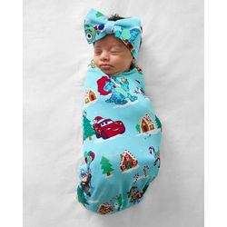Pixar Christmas Village Swaddle & Luxe Baby Girl Soft & Stretchy Bamboo Bow Headbands Set - OSFA