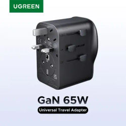 UGREEN 65W Universal Travel Adapter 2 USB-C 1 USB-A AC Socket GaN Charger Certified CE FCC UKCA TÜV For EU US UK Grounded Plug