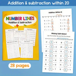 Addition & Subtraction Within 20 Workbook Number Line Practice Book for Math Manipulative Game Resource Math Workbook