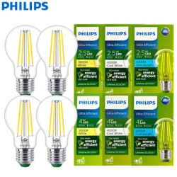 Philips 4 pièces ultra efficaces E27 LED Filament clair A60 ampoules 2.5W 4W lampes verre LED couleur blanche lumière 50000 heures EyeComfort