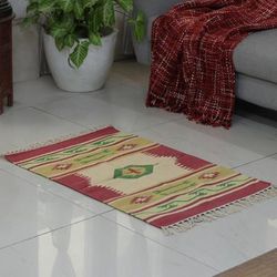 'Hand-Loomed Geometric Fringed Cotton Dhurrie Area Rug (2x3)'