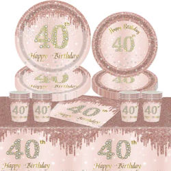 8Pcs Rose Gold 40th Disposable Tableware Pink 40 Year Old Plate Napkin Happy Women 30th 40th 50thBirthday Party