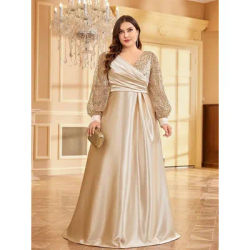 Grande taille de luxe vert col en v paillettes robe de soirée élégante femmes fête Maxi robe à manches longues robes de Cocktail bal