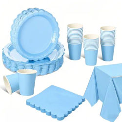 Light Blue Lace Birthday Party Supplies Blue Disposable Dinnerware Paper Napkin Cup Plate Tablecloth For Wedding Decoration ﻿
