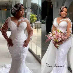 Customized Pearls Beading 2 IN 1 Wedding Dress Detachable Train Lace Up Plus Size Luxury Mermaid Wedding Dresses W1040