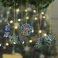 'Painted 6-Piece Floral Christmas Wood Ornament Set in Blue'