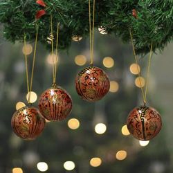 'Folk Art 4-Piece Red and Golden Papier Mache Ornament Set'