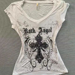 Américain rétro sous-culture croix impression T-shirts Harajuku mince à manches courtes t-shirt Punk haute rue Hottie T-shirts femmes Chic haut