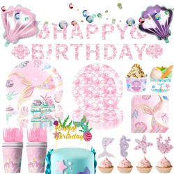 Mermaid Birthday Party Decor Tableware Paper Plates Napkin Tablecloth Banner Hangings Balloon Girls Birthday Party Supplies