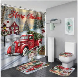 Ensemble de rideau de douche de Noël imprimé bonhomme de neige, père Noël, imperméable, couverture de toilette, polymères, tapis coordonnants, 4 pièces
