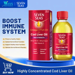 Seven Seas Cod Liver Oil Maximum Strength Liquid 100ml from scratch RICH IN 3 KEY NUTRIENTS: Omega-3, Vitamin D and Vitamin E