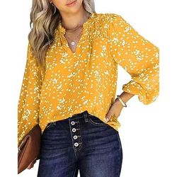 Per donna Blusa Arricciato Stampato A Pois Vintage Elegante Manica Lunga Scollo a V Top Regolari Quotidiano Lavoro Ferie Blu Nero Bianco Giallo Vino Primavera Autunno Inverno