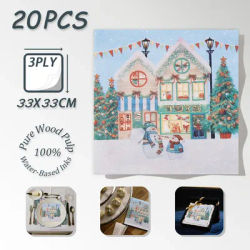 20pcs Disposable Christmas Snowman Toy Printed Paper Napkins - Pure Wood Pulp Material, 33x33cm, Ideal as Holiday Event Napkins