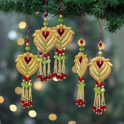 Golden Lotus,'5 Beaded Lotus Christmas Ornaments with Zardozi Embroidery'